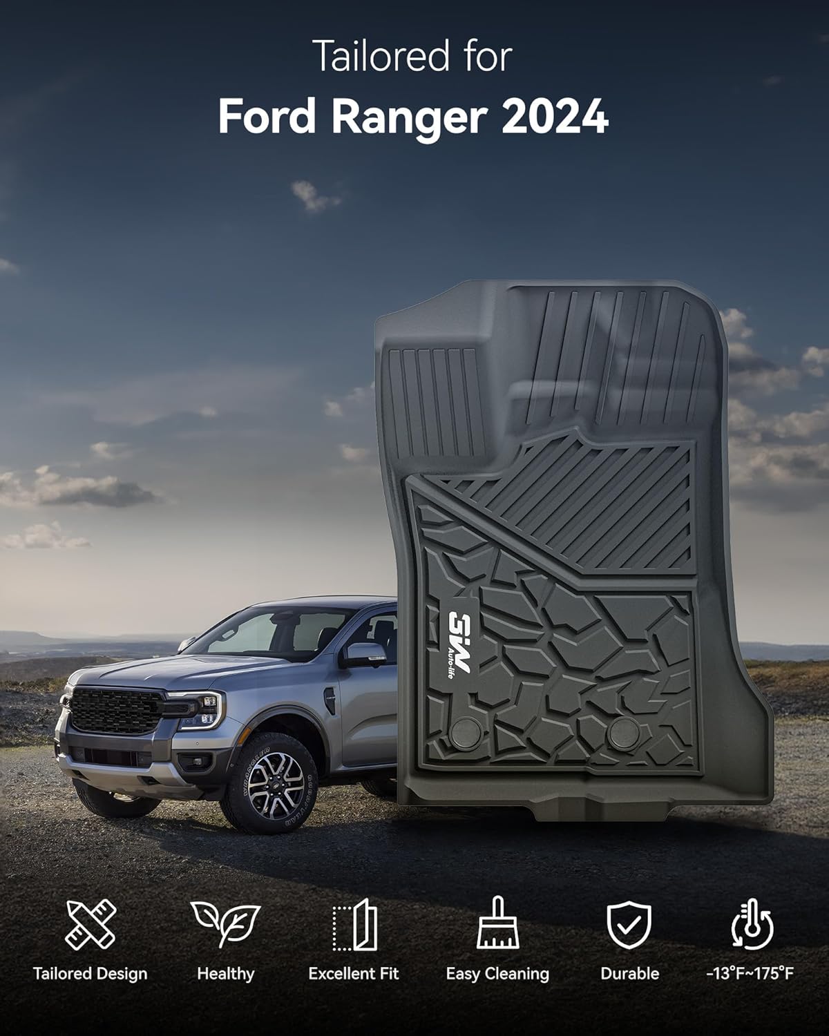 Ford Ranger SuperCrew 2024-2025 3W Custom Floor Mats Thorex™ All-Weather Protection
