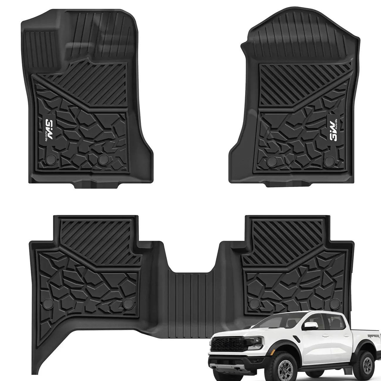 Ford Ranger SuperCrew 2024-2025 3W Custom Floor Mats Thorex™ All-Weather Protection